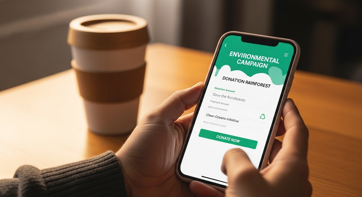한 사람이 스마트폰을 이용해 온라인으로 환경 캠페인에 후원하고 참여하는 모습