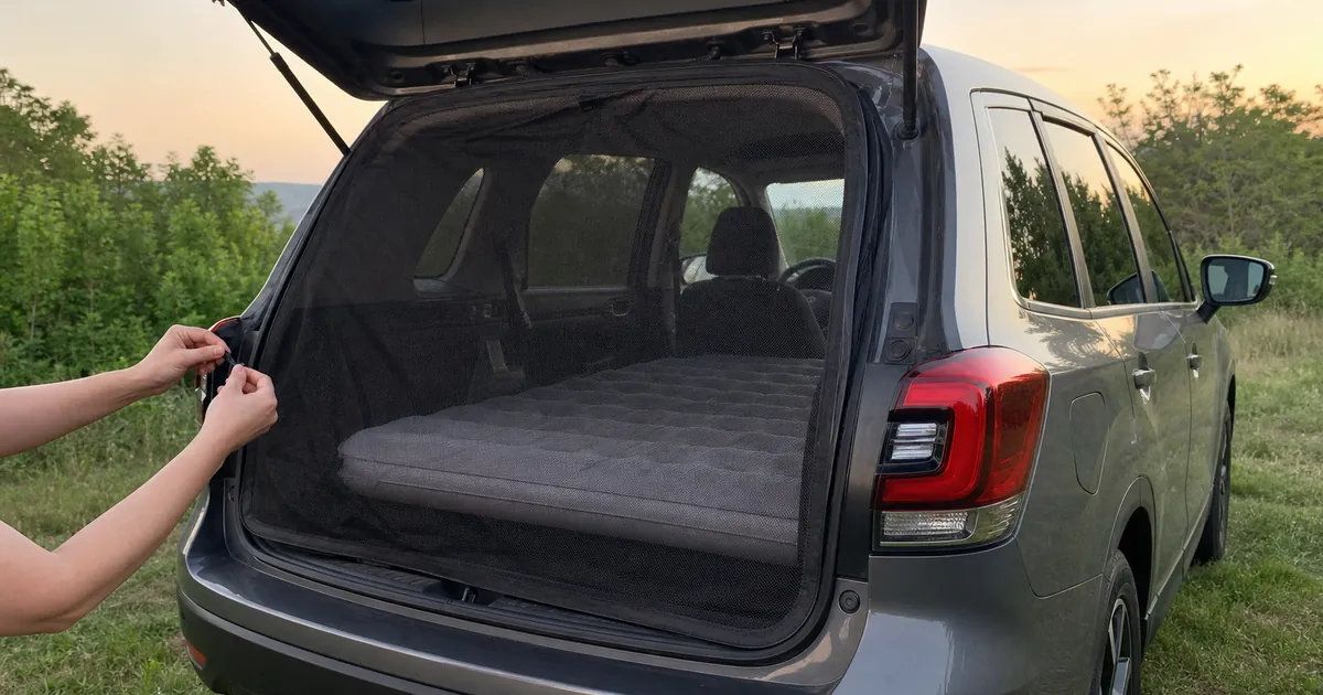 SUV 차박 창문모기장과 에어매트를 함께 둔 여름 잠자리 사용 장면 예시