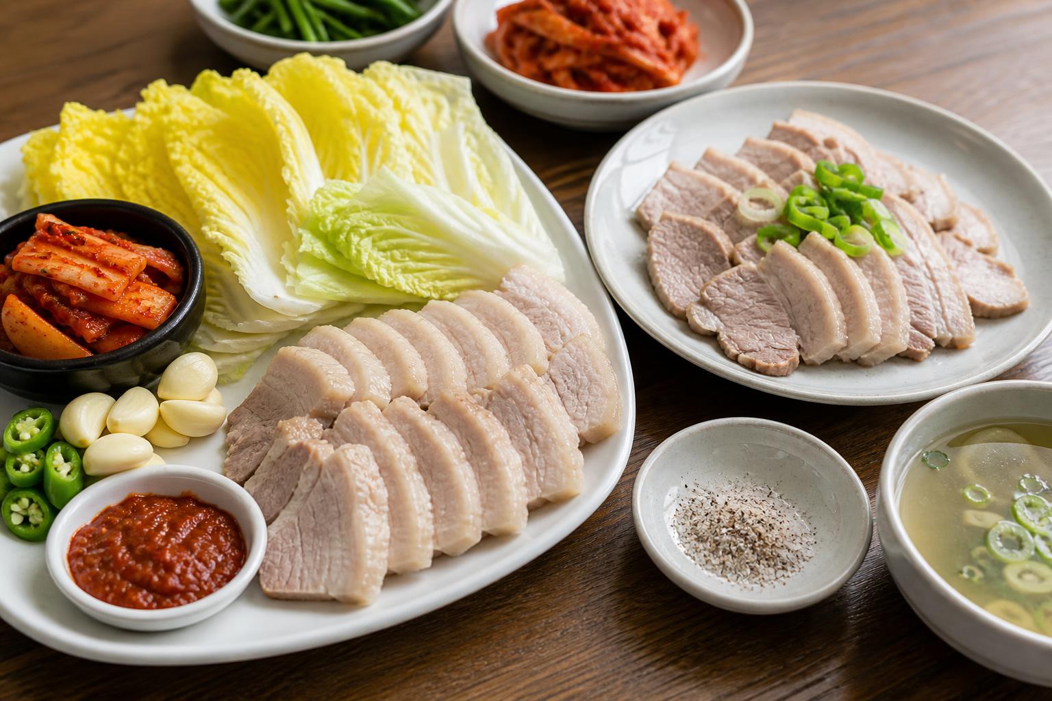 보쌈 곁들임과 담백한 수육 접시를 나란히 놓고 비교한 한식 점심 상차림