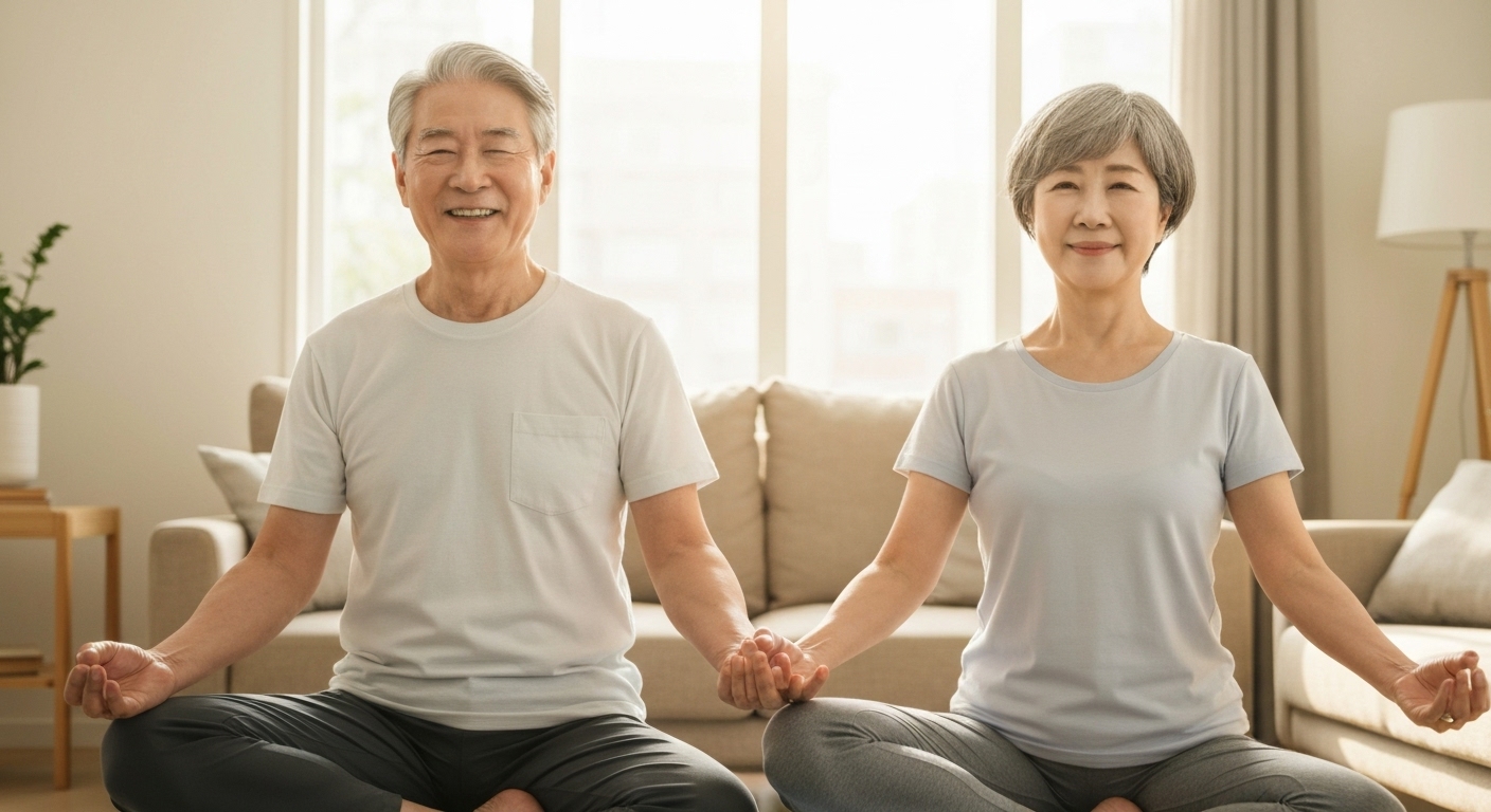 건강과 웰빙을 위해 요가와 명상을 실천하는 한국인 은퇴 부부