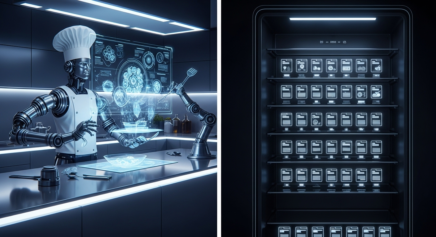 만능 주방(서버)과 스마트 냉장고(NAS)의 비유를 통해 서버와 NAS의 차이점을 설명하는 이미지