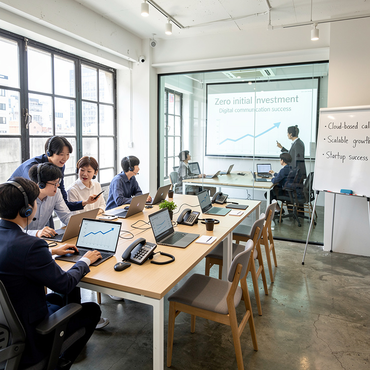 서울 성수동 스타트업 사무실에서 인터넷 전화기를 사용하는 젊은 직장인들