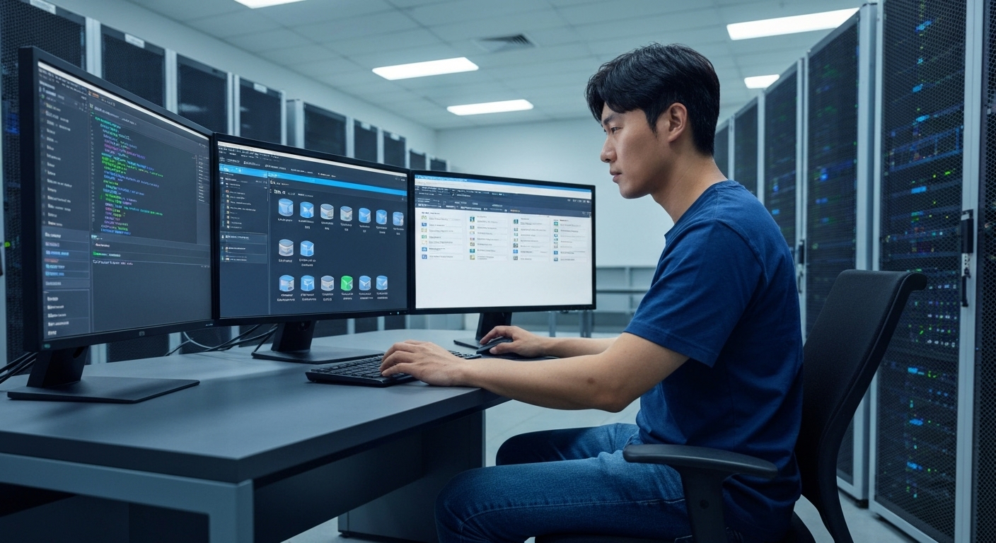 백엔드 개발자가 서버 코드와 데이터베이스를 관리하는 모습
