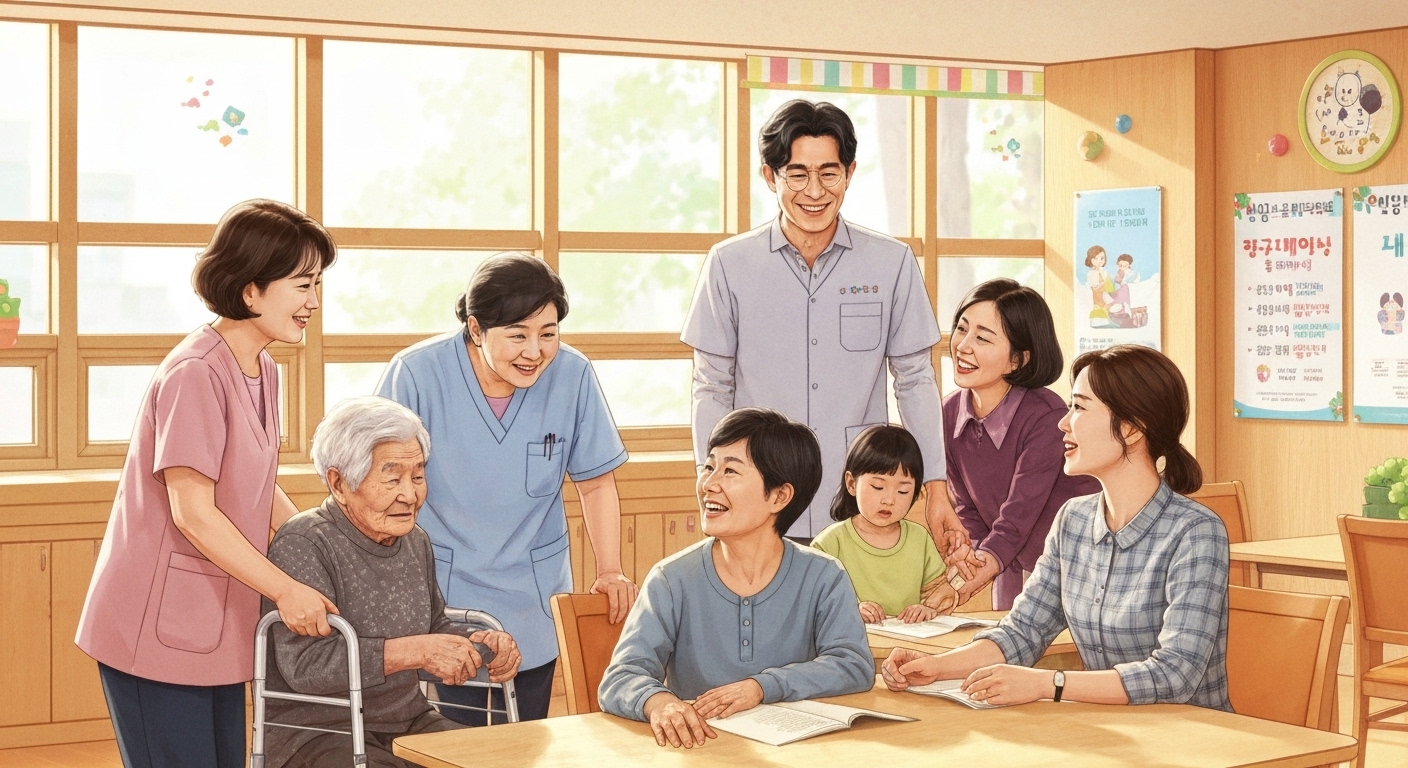 노인과 아이들을 돌보는 한국 사회복지사와 요양보호사 모습