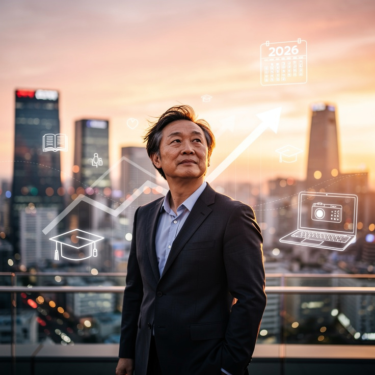 2026년 인생 2막을 위해 힘차게 새로운 경력을 시작하는 중장년 모습