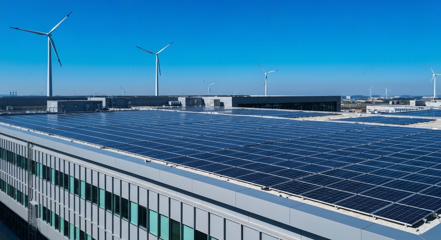 한국 데이터센터 건물 옥상에 설치된 태양광 패널과 풍력 발전기가 보이는 재생 에너지 활용 이미지