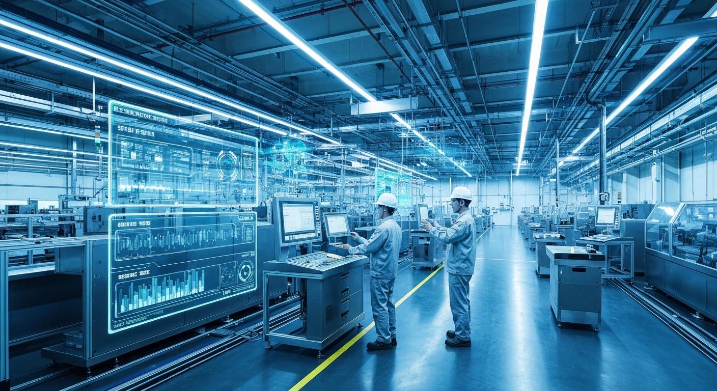 한국 미래 제조 경쟁력의 핵심인 MES 시스템을 나타내는 미래 지향적 공장 이미지