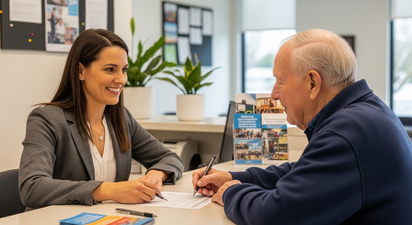 주민센터에서 공무원의 도움을 받아 난방비 지원금 신청서를 작성하는 어르신