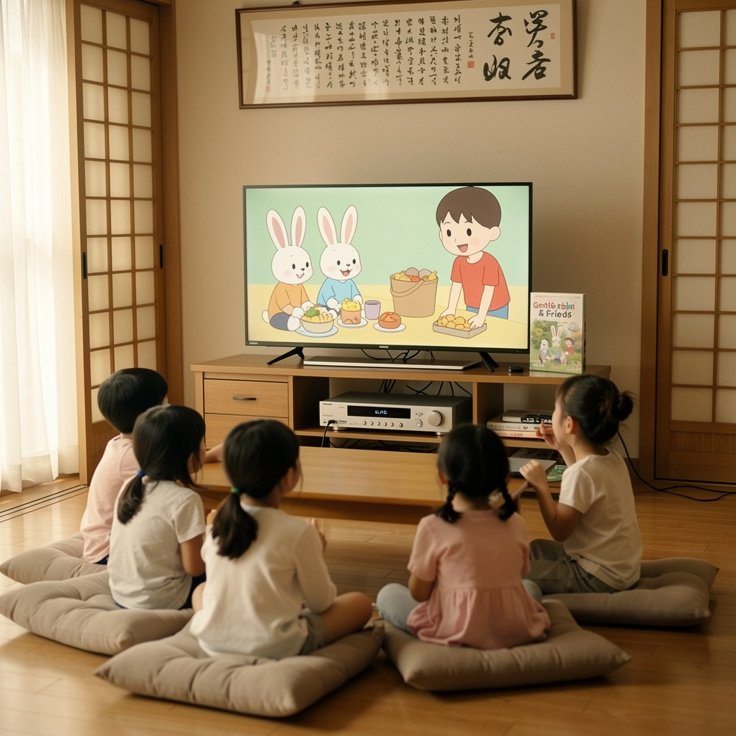 한국 가정에서 DVD로 영어 DVD 애니메이션을 시청하는 모습