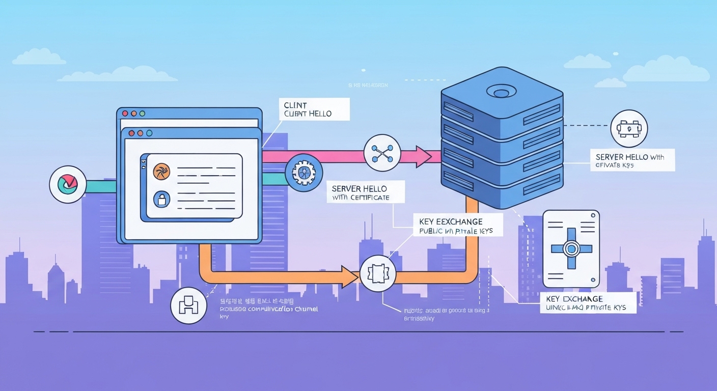 웹 브라우저와 서버 간 SSL 핸드셰이크 과정의 개념적 일러스트