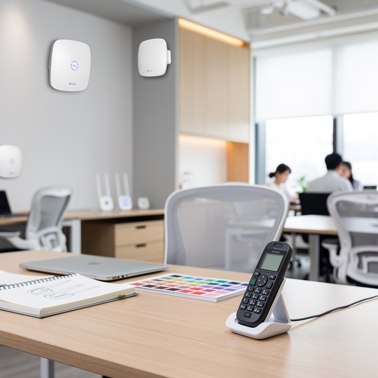 한국 디자인 사무실의 무선 키폰 설치 모습과 깔끔한 와이파이 환경