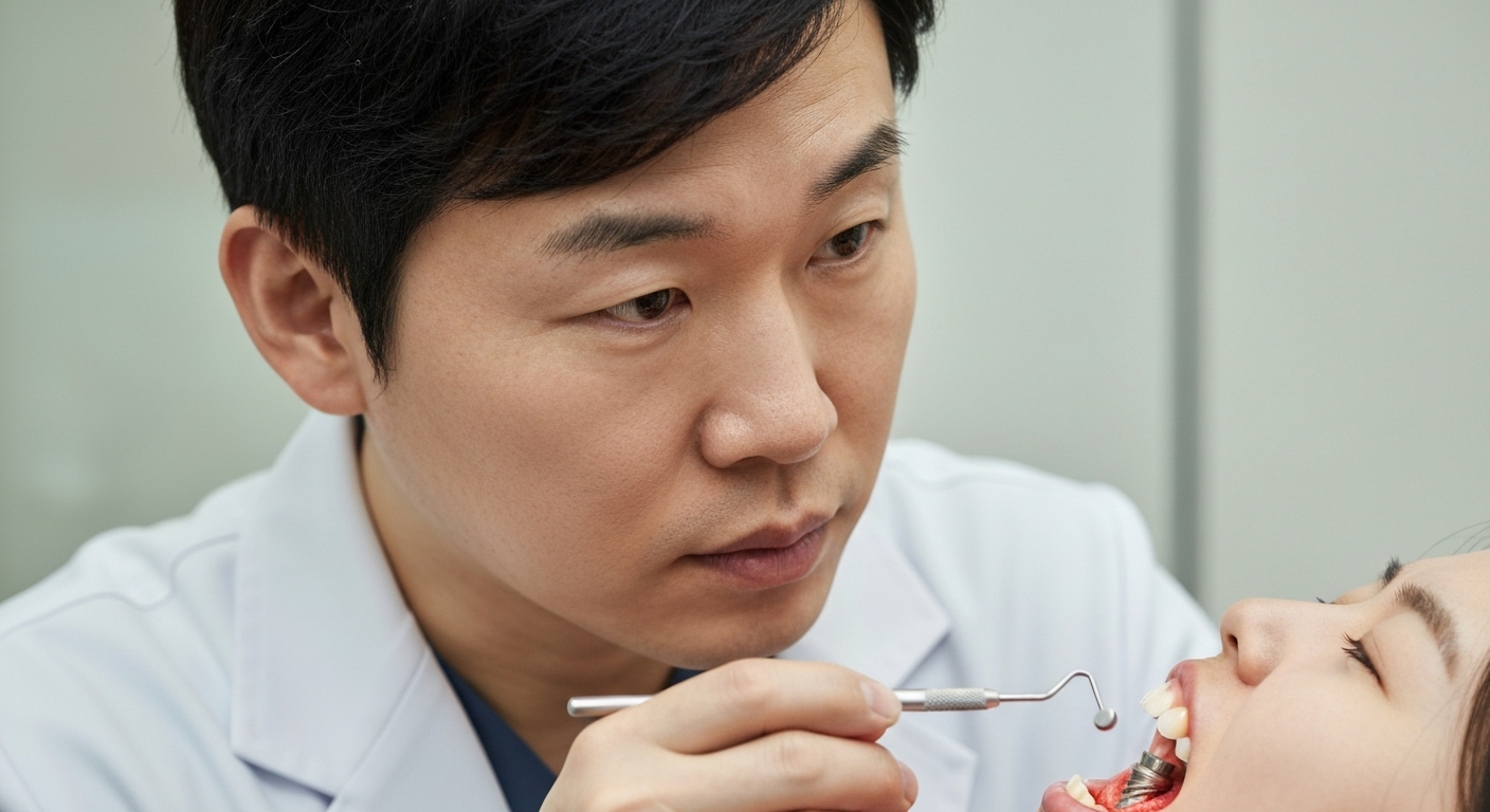 임플란트 주위염 초기 증상을 검진 중인 한국 치과 의사의 클로즈업 장면