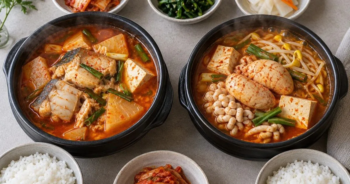 동태 생선살이 보이는 동태찌개와 알과 곤이가 중심인 알탕을 나란히 비교한 겨울 점심 상차림