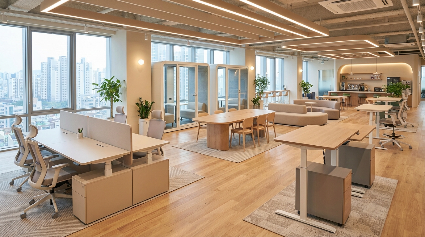 유연한 구조와 뉴트럴 디자인, 인체공학 가구를 강조한 한국 현대 사무실 인테리어