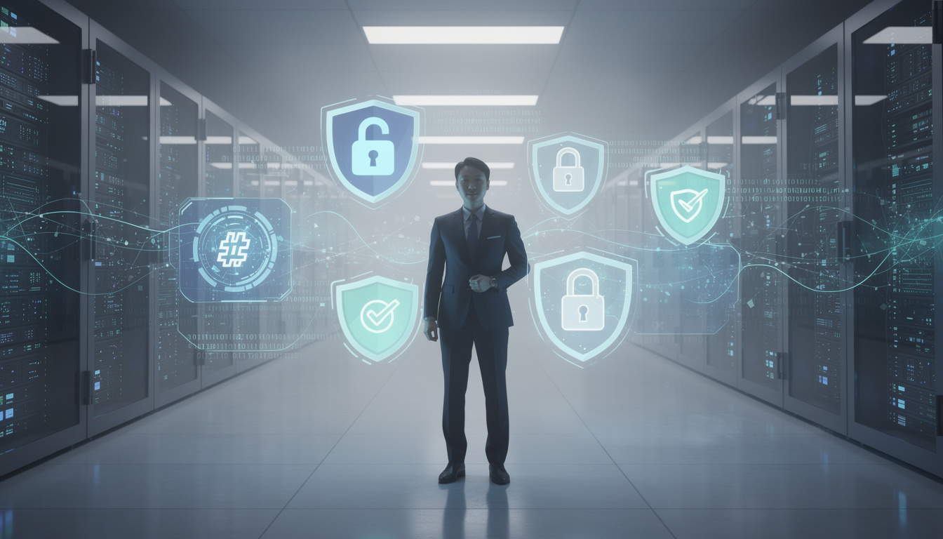 보안 서버 앞에 서 있는 한국인 비즈니스맨과 데이터 암호화 및 보안 아이콘이 겹쳐진 이미지