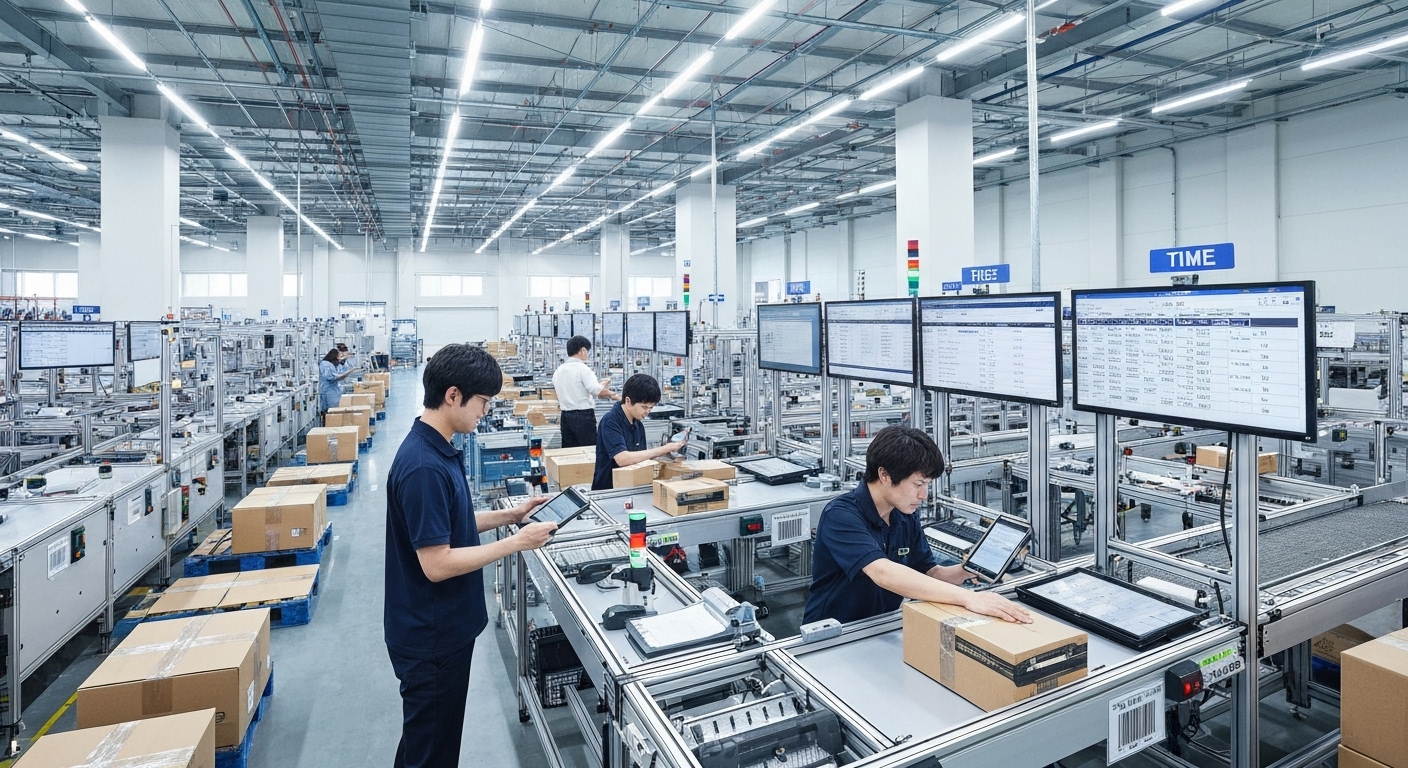 바코드 스캐너와 자동 포장 스테이션이 있는 통합 물류 시스템이 운영되는 한국 창고 모습