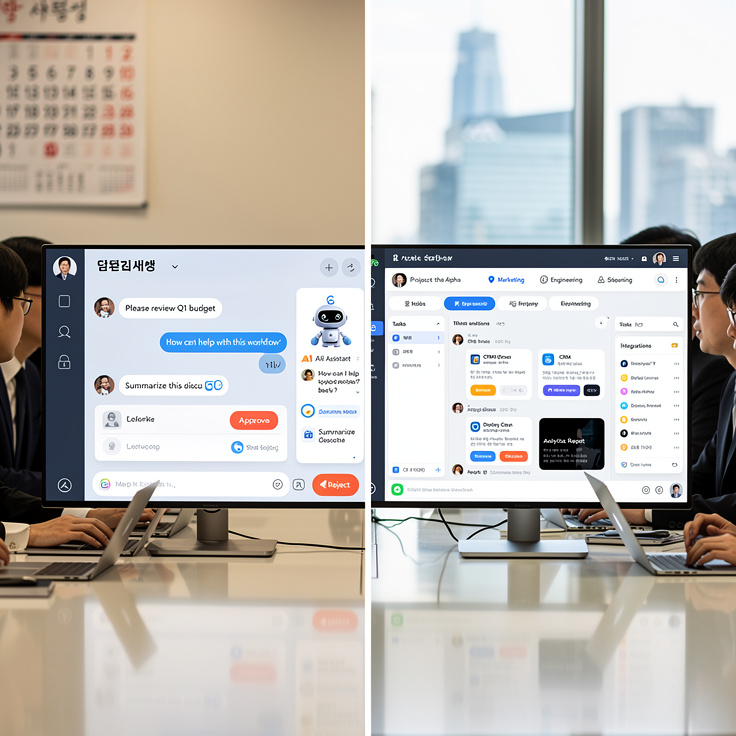 한국 비즈니스 환경에서 업무 승인과 AI 비서 기능이 포함된 캐주얼하고 안전한 채팅 인터페이스와 여러 SaaS 도구가 연동된 체계적인 프로젝트 중심 채팅 인터페이스 비교