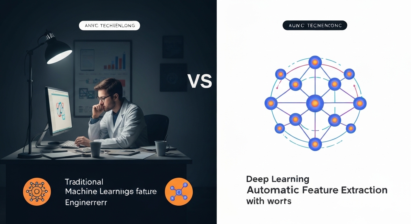 머신러닝의 수동 특징 추출과 딥러닝의 자동 특징 학습 과정을 비교한 인포그래픽