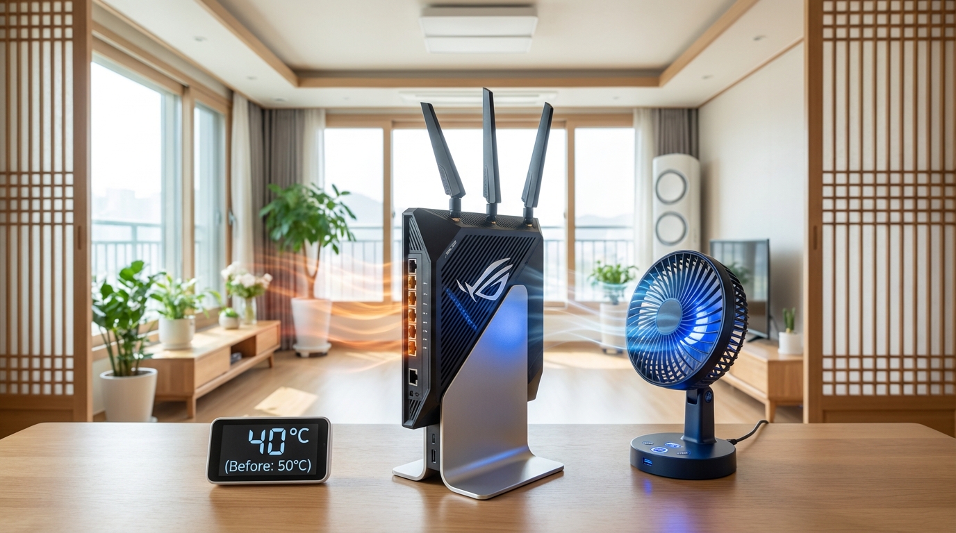 공유기를 세로로 세워서 쿨링 팬과 함께 발열을 효과적으로 관리하는 모습