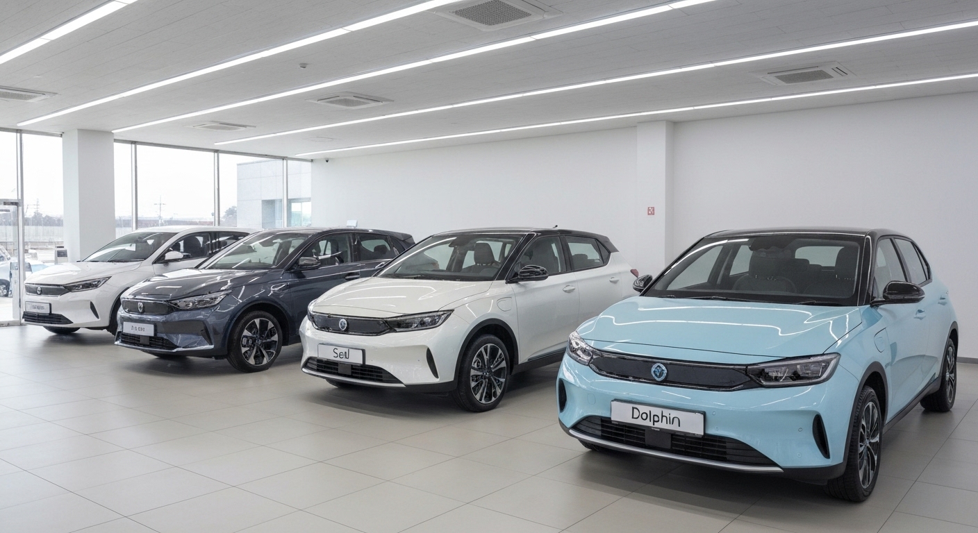 BYD 아토3, 씰, 돌핀 전기차 모델 세 대가 주차된 모습