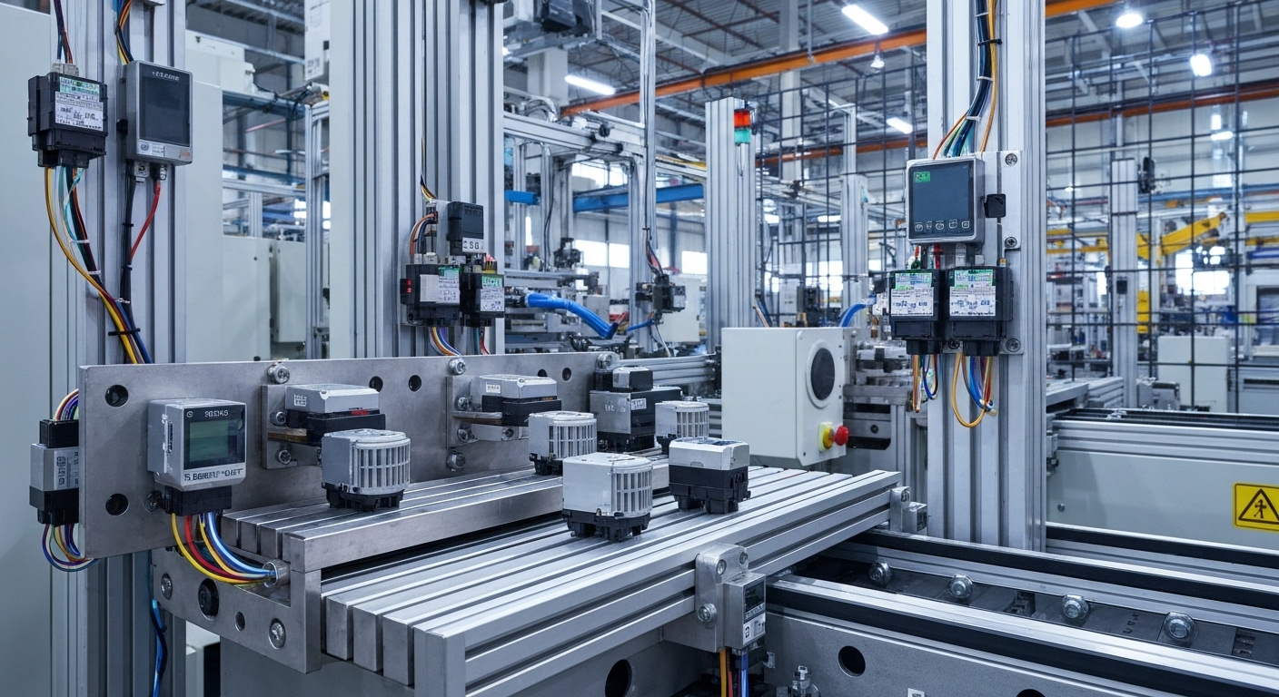 한국 공장 설비에 설치된 다양한 산업용 IoT 센서들 온도, 진동, 전류, 근접, 비전 센서의 클로즈업