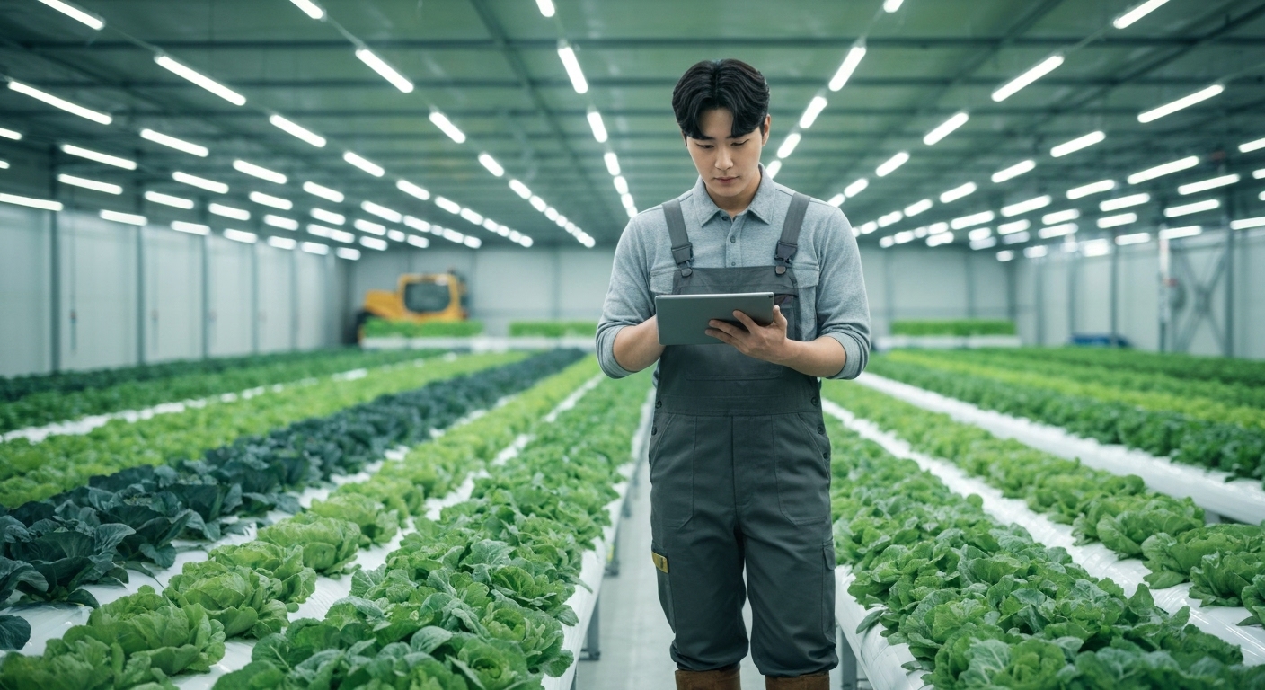 스마트팜 환경에서 태블릿을 사용하여 작물을 관리하는 한국의 청년 농업인
