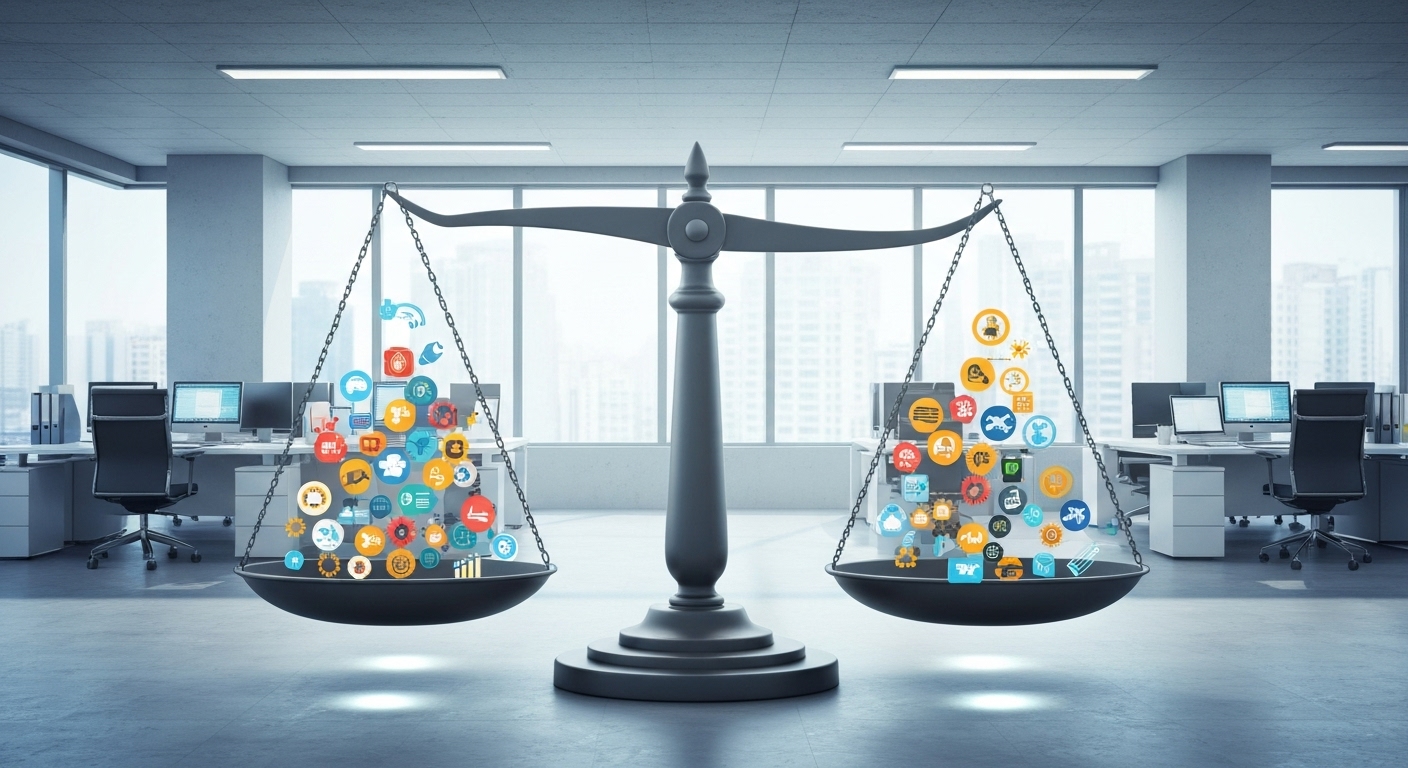 기술 평가를 위한 장단점을 나타내는 저울과 플러스마이너스 기호를 표현한 이미지