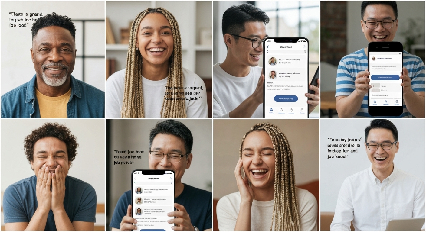 모바일 구직 앱을 사용하며 만족감을 표현하는 구직자 후기 이미지 콜라주
