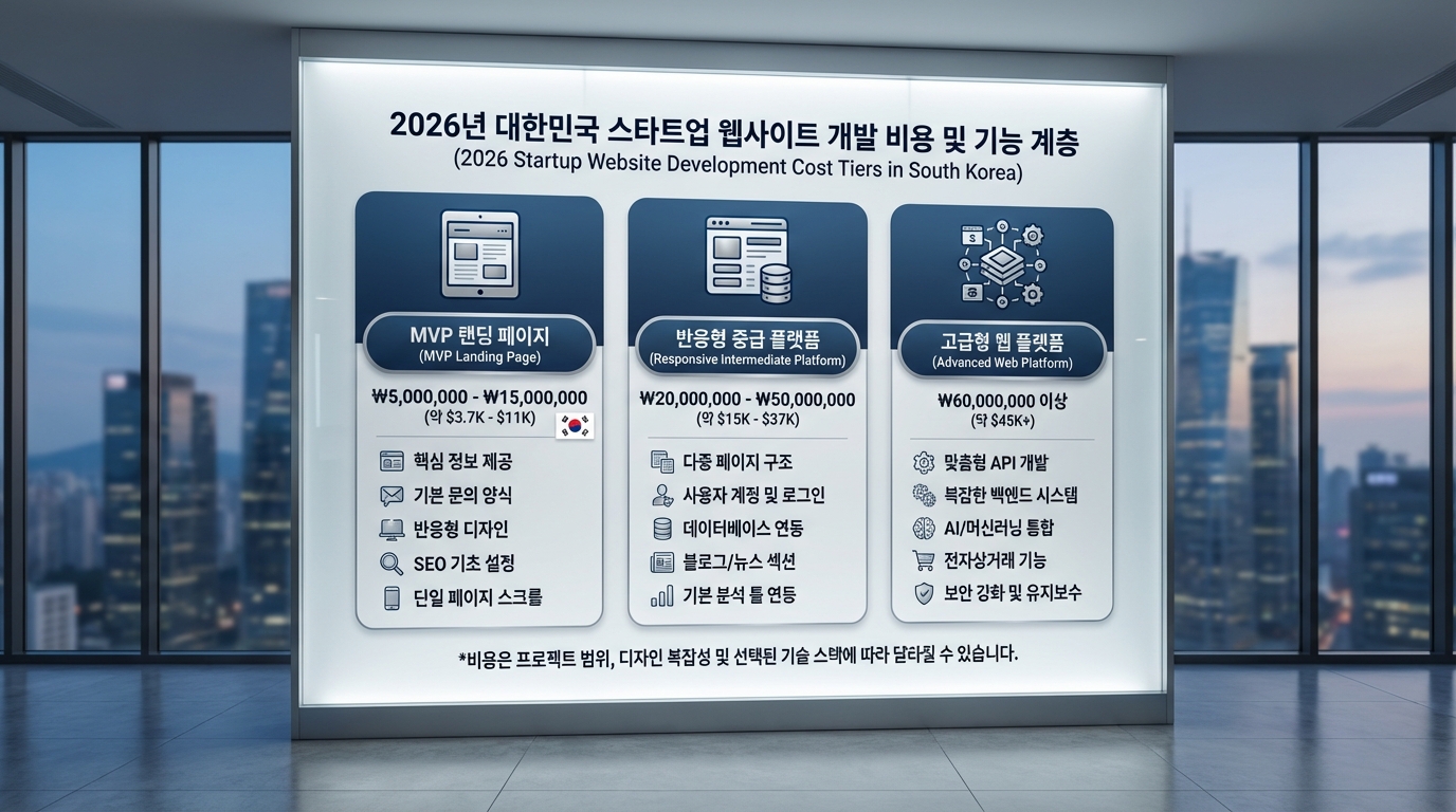 2026년 스타트업 홈페이지 제작 비용 유형별 평균 가격 인포그래픽