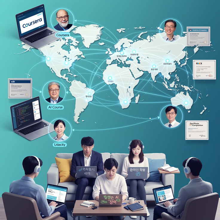 글로벌 MOOC 플랫폼에서 AI 강의를 수강하는 한국인의 이미지