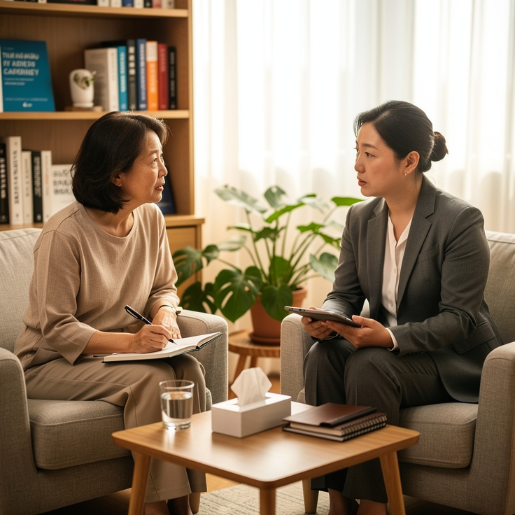 중장년 새출발 카운슬링에서 1대1 상담하는 한국 중장년 여성과 컨설턴트
