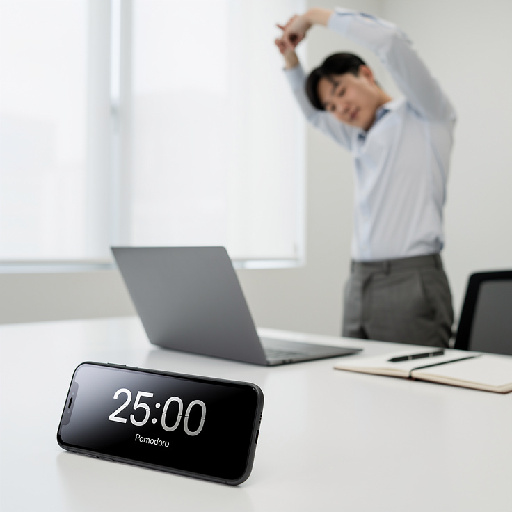 뽀모도로 기법을 활용해 집중과 휴식을 반복하는 한국 직장인의 모습