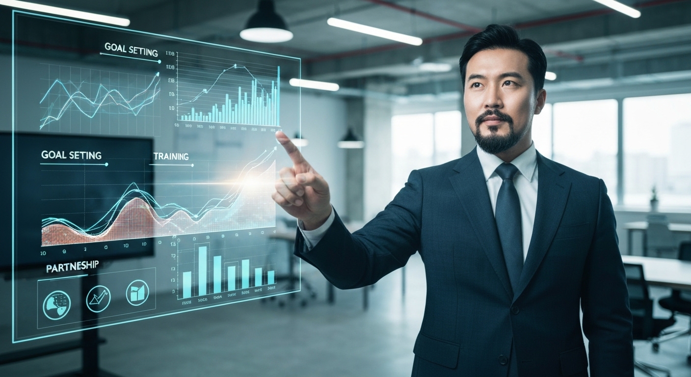 ERP 성공을 위한 핵심 요소를 설명하는 한국 경영진과 디지털 그래프