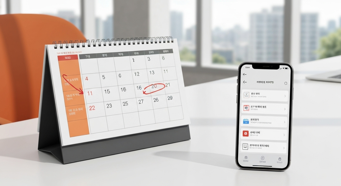 학점은행제 신청 기간과 마감일을 표시한 달력과 스마트폰 알람 화면