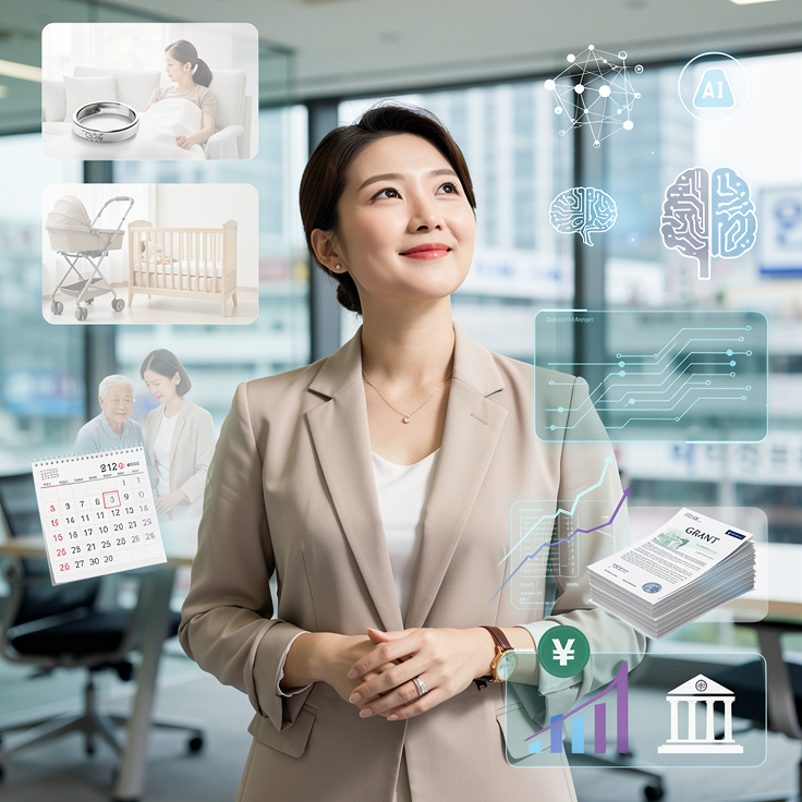 결혼, 출산, 육아로 경력단절을 겪은 한국 여성 창업가의 희망찬 모습과 2026년 디지털 전환과 정부 창업 지원을 표현한 이미지