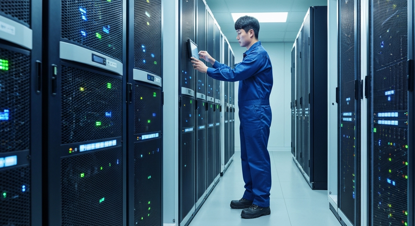 한국 데이터 센터 기술자가 고효율 서버와 냉각 시스템을 점검하며 비용 절감 기술을 적용하는 모습
