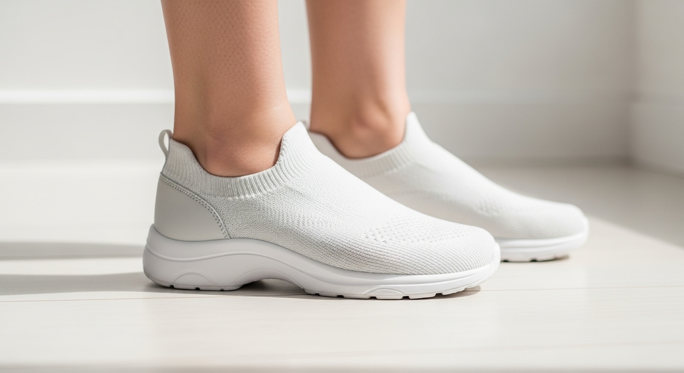 편안하고 지지력 있는 신발을 신고 있는 임산부의 발