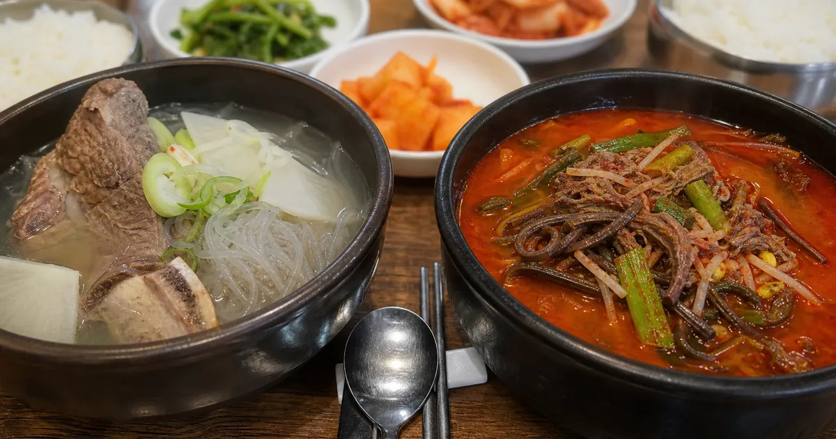 맑은 갈비탕과 붉은 육개장을 나란히 놓고 재료와 국물 차이를 보여주는 한식 점심 상차림
