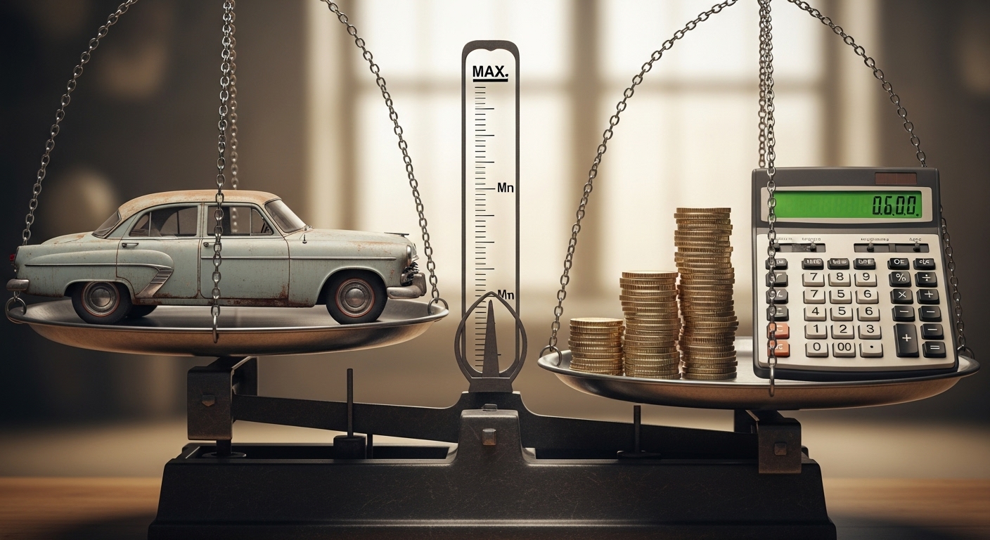 저울을 통해 차량 기준가액에 따라 지원금이 산정되는 방식을 시각적으로 표현한 이미지.