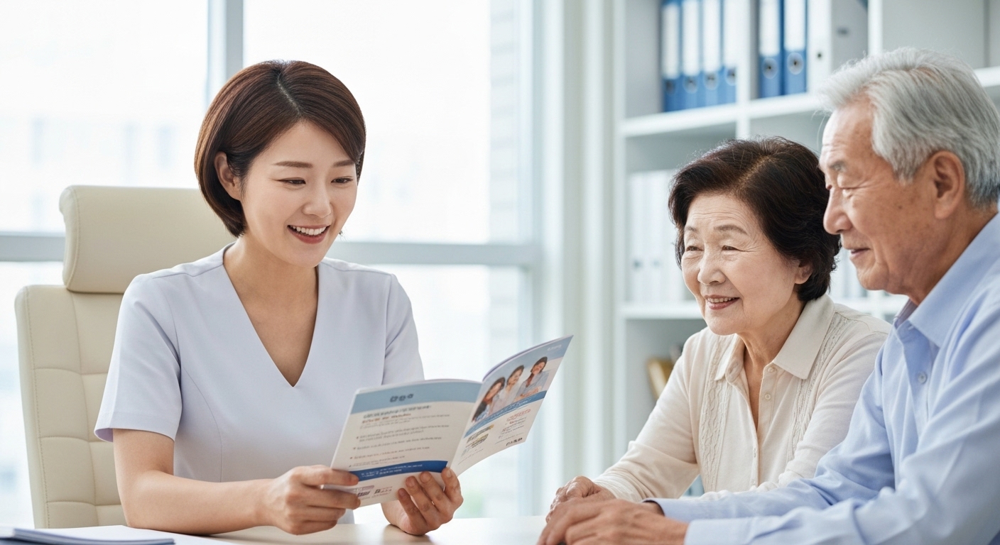 보청기 지원금에 대해 전문가와 상담하며 궁금증을 해결하는 노부부의 모습