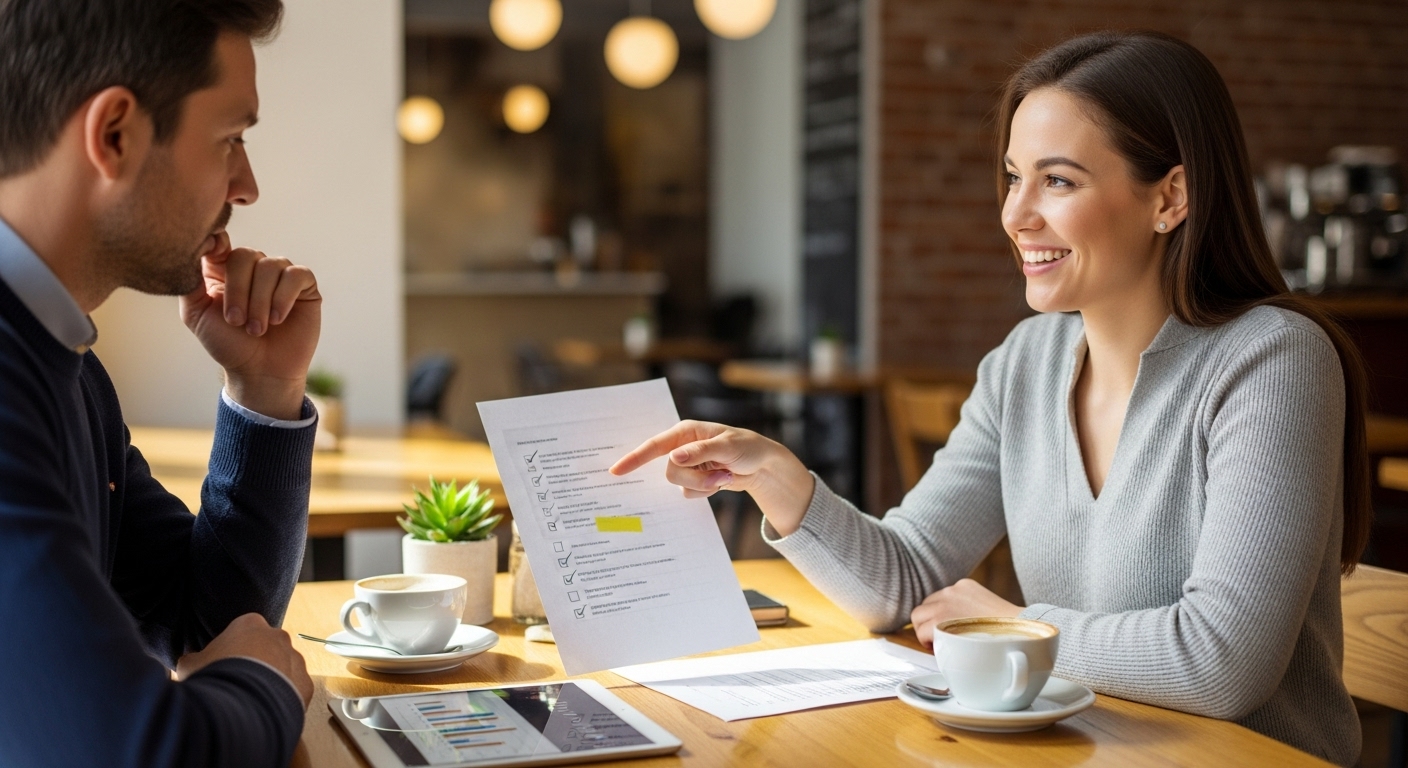 전문가에게 AI 도입에 대한 컨설팅을 받으며 성공 팁을 얻는 소상공인