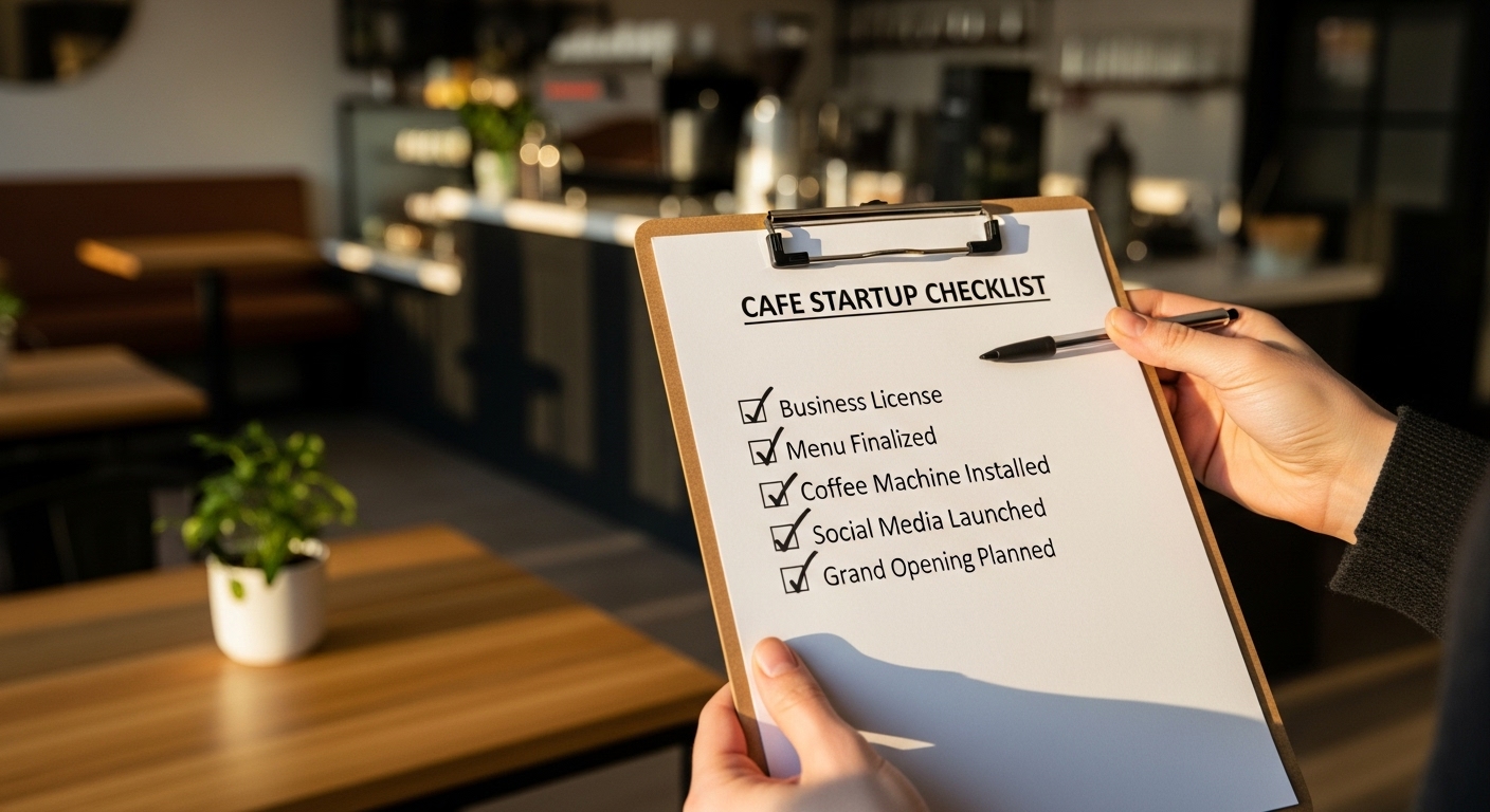 창업 준비 최종 체크리스트를 들고 자신의 카페에 서 있는 창업가의 모습