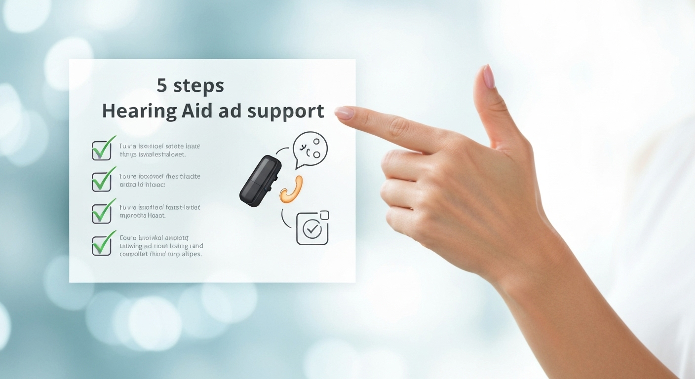 보청기 지원금 신청의 핵심 단계를 요약한 체크리스트를 확인하는 손.