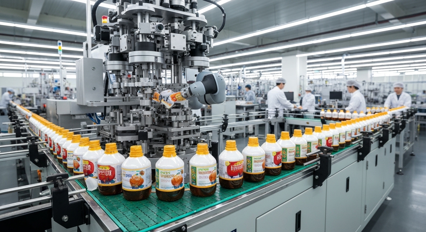 자동 라벨부착기가 원형 용기에 라벨을 부착하는 모습