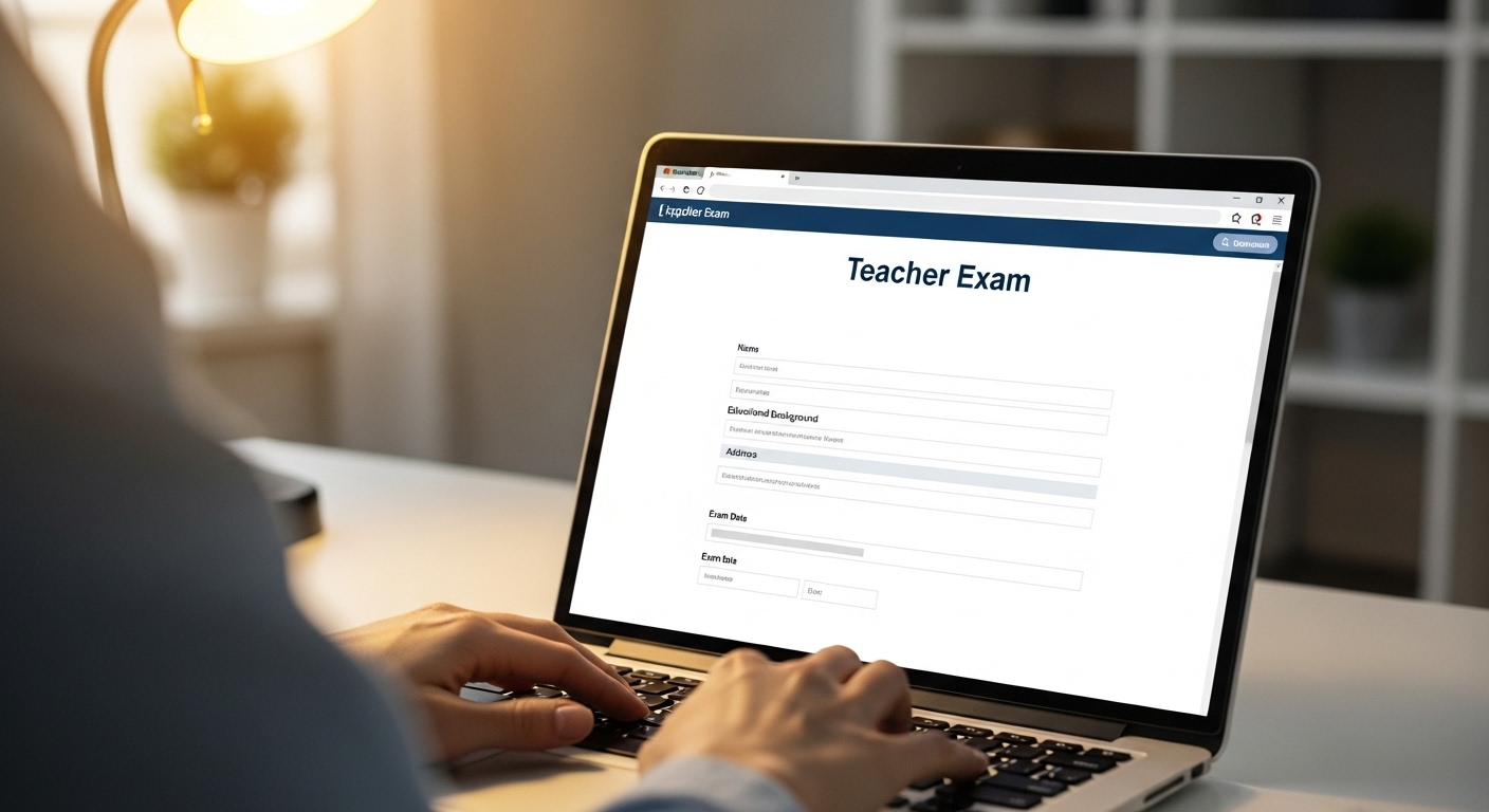 노트북으로 임용고시 원서 접수 시스템에 접속하여 지원서를 작성하는 모습