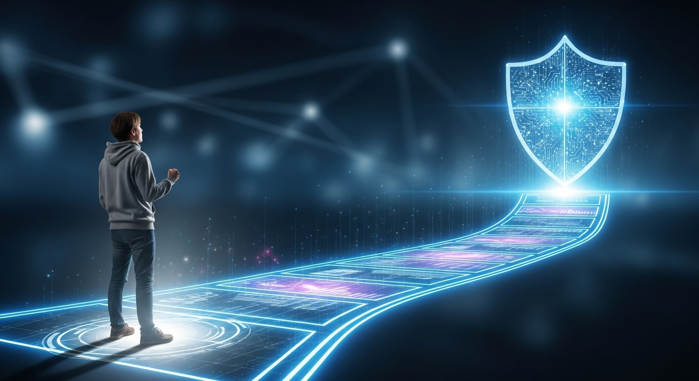 정보보안 전문가의 길을 보여주는 로드맵 앞에 서 있는 비전공자의 뒷모습