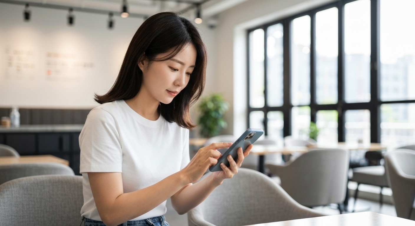 한국의 한 사람이 카페에서 스마트폰 앱으로 국민연금 예상 연금액을 조회하는 모습