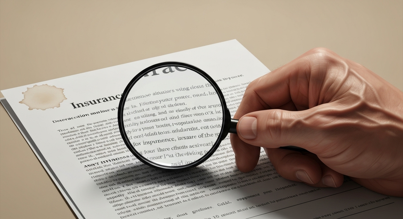 보험 계약서의 작은 글씨를 돋보기로 자세히 들여다보는 이미지