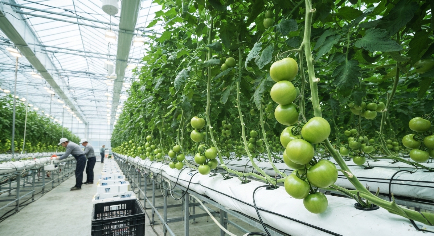 충남 우듬지팜의 첨단 유리온실에서 고품질 토마토를 생산하는 풍경