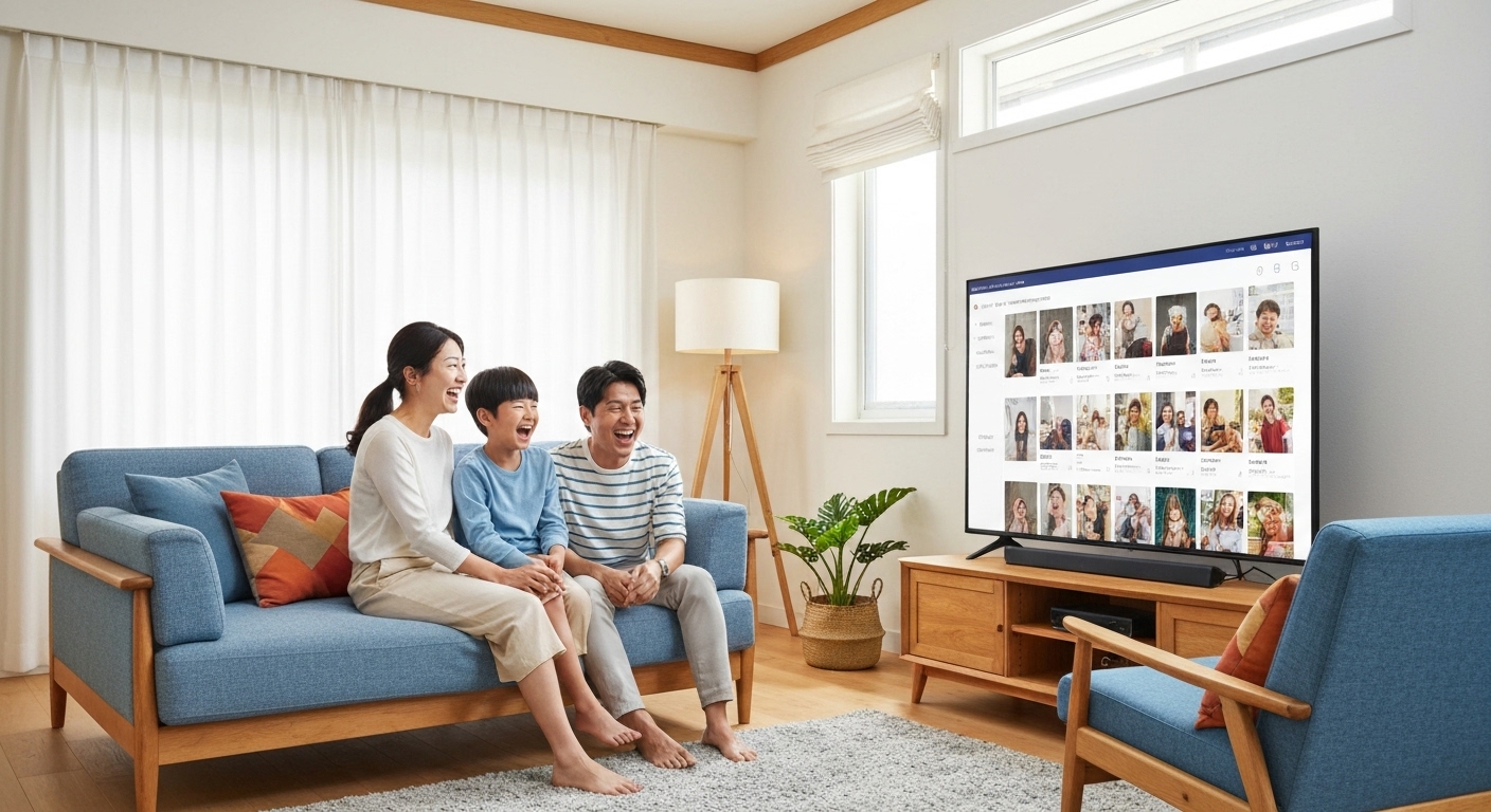 거실에서 NAS 미디어 서버를 통해 가족이 사진과 동영상을 스트리밍으로 즐기는 모습